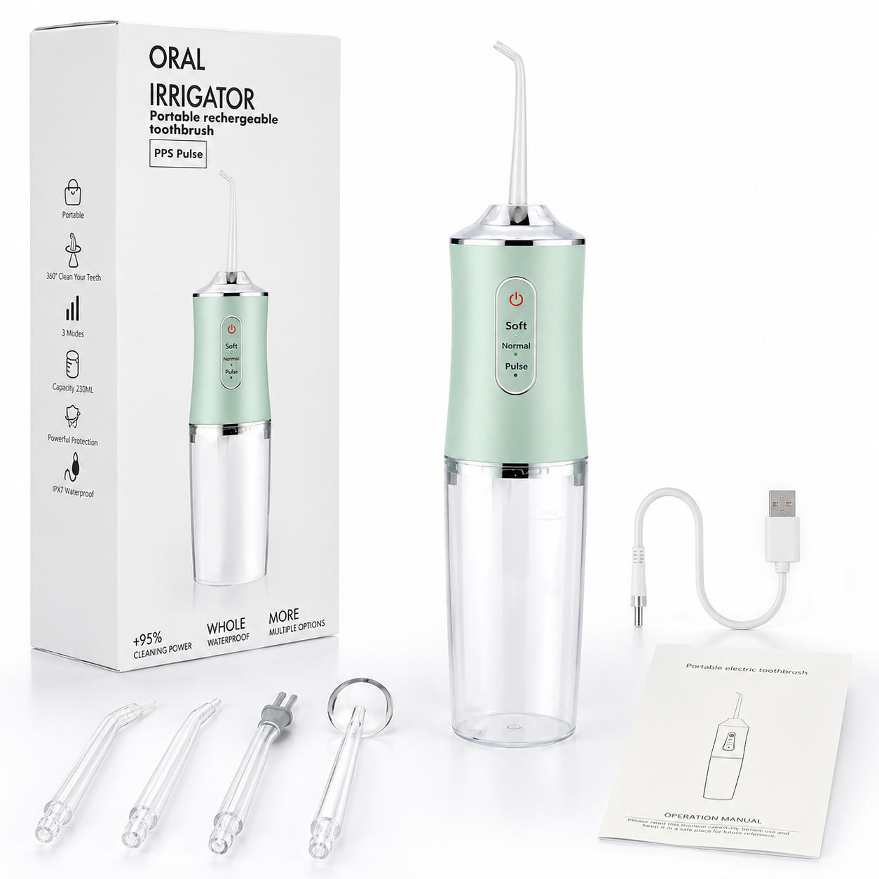 Polished Water Flosser with 4 nozzles, USB-C cable, and manual