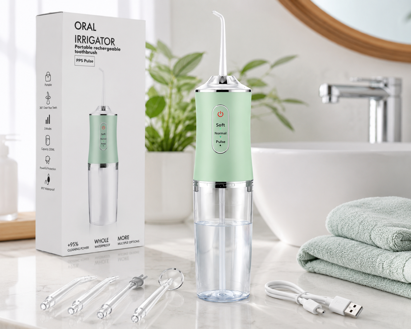 Polished Portable Water Flosser on a bathroom counter